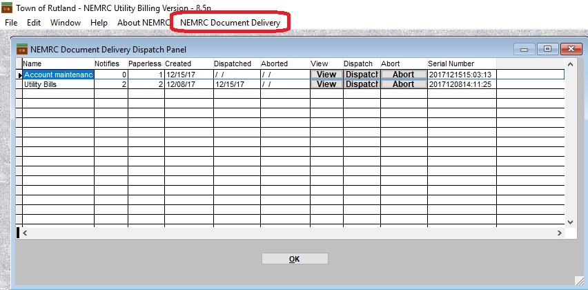 NDDS Dispatch Main Panel - Accessed from the Pull down Menu